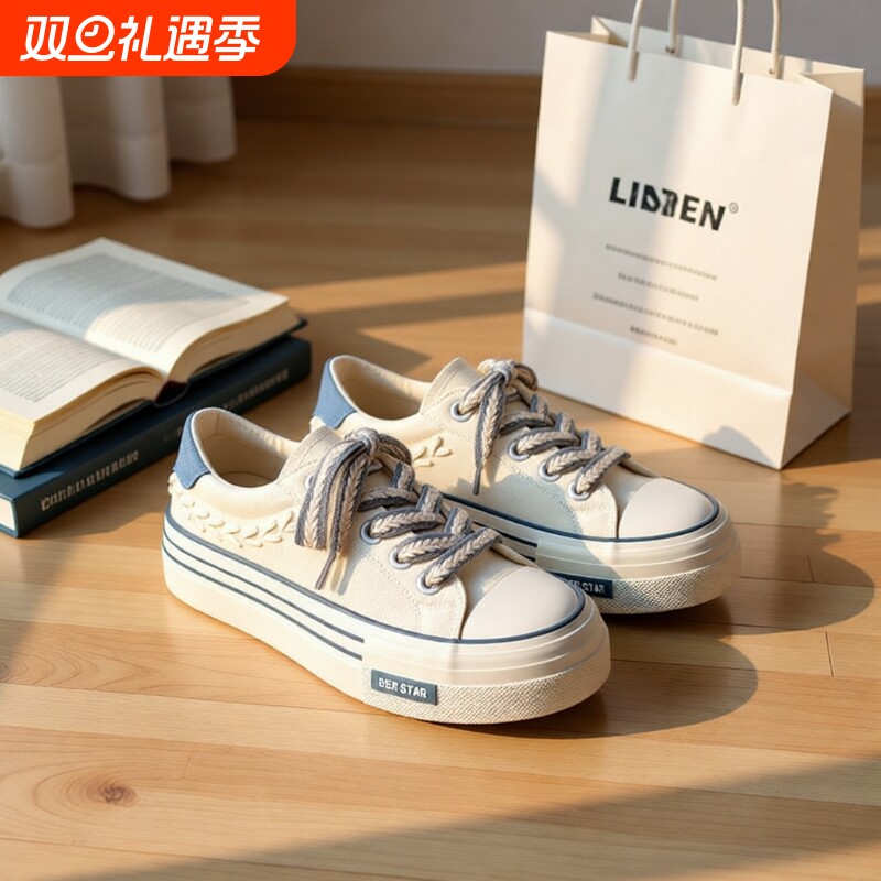 厚底帆布鞋女鞋新款2024爆款休闲运动板鞋百搭小白鞋高帮防滑圆头