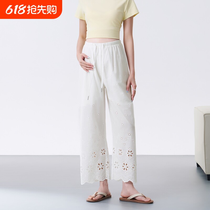 孕妇裤子夏季薄款外穿白色镂空刺绣休闲直筒阔腿长裤小个子夏装女