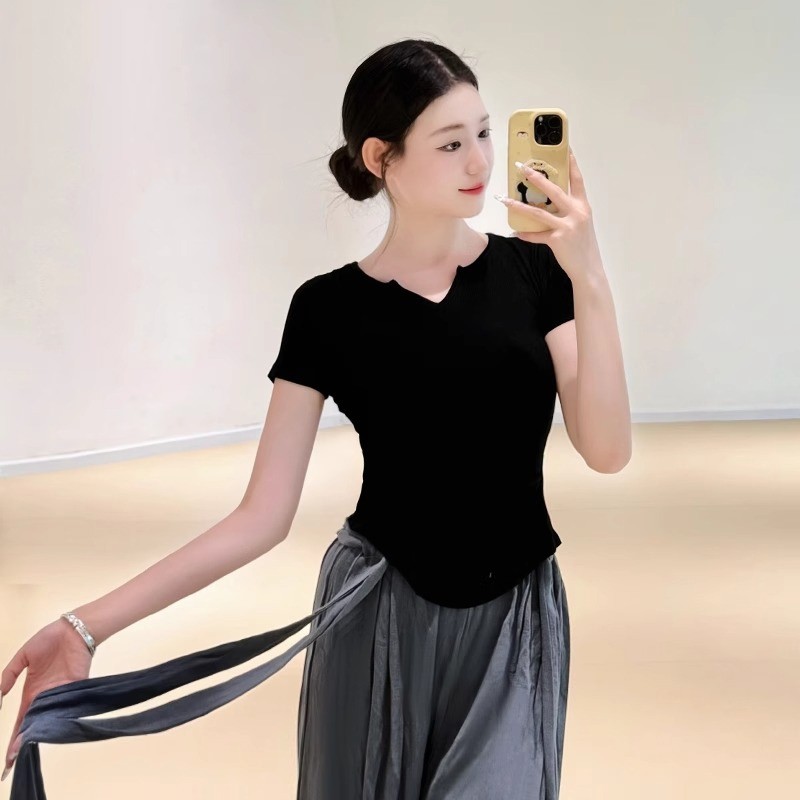 现代舞舞蹈练功服套指修身长袖瑜伽训练服装夏季上衣莫代尔衣服女