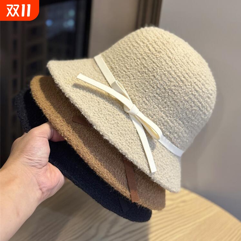 蝴蝶结小礼帽女秋冬季百搭日式遮阳盆帽卷边针织毛线帽子潮显脸小