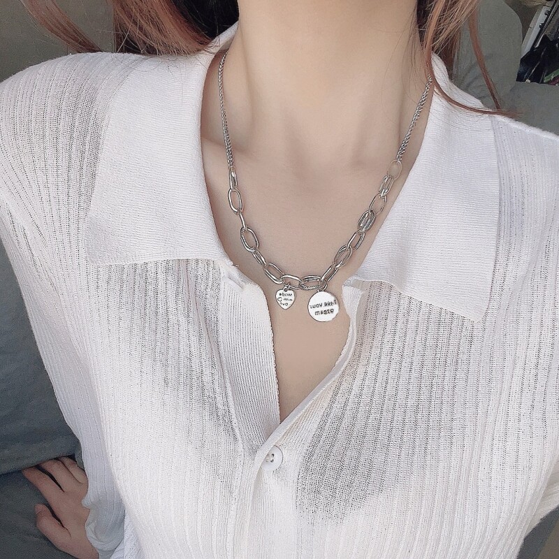 复古泰银嘻哈风项链百搭ins小众设计感爱心吊坠高级感毛衣链配饰