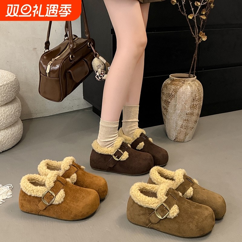 厚底全麦吐司2代毛毛勃肯鞋女2025秋冬新款加绒内增高豆豆棉鞋子