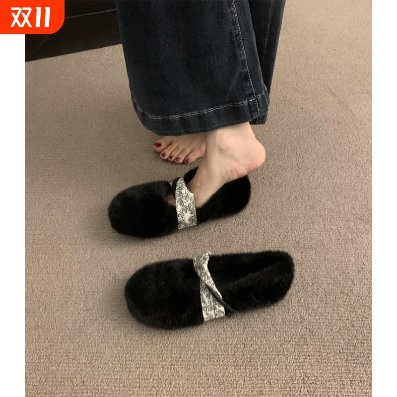 水貂毛平底加绒毛毛鞋女外穿2025秋冬季新款保暖一脚蹬孕妇棉瓢鞋
