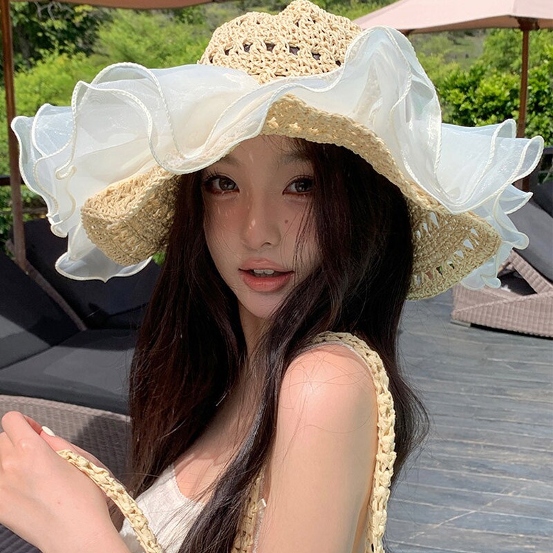 蕾丝草编太阳帽子女大帽檐夏季透气草帽海边遮全脸遮阳防晒帽子潮