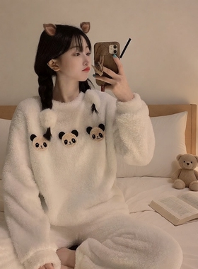 歪头熊同款睡衣女秋冬季珊瑚绒加厚大码外贸122黑色米奇美乐蒂