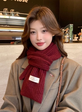布标针织毛线小围巾女冬季礼物学生保暖情侣围脖红色白色黑色蓝色