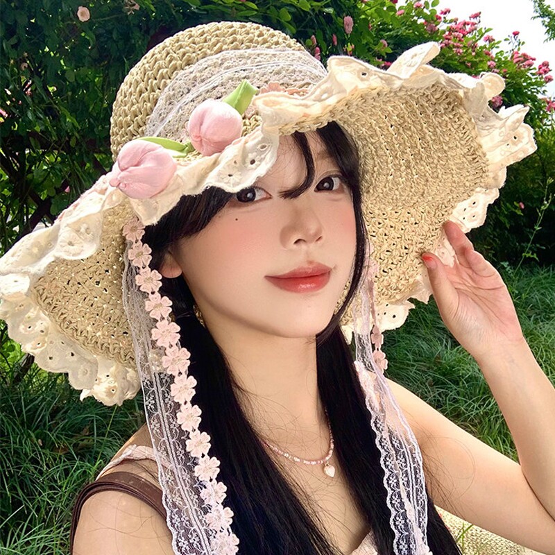 蕾带草帽女夏季大帽檐遮阳防晒帽海边沙滩度假太阳帽子蕾丝大檐