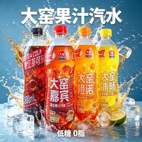 大窑果汁汽水冰畅混合嘉宾气泡水大瓶600ml椰汁橙味柠檬可乐瓶装