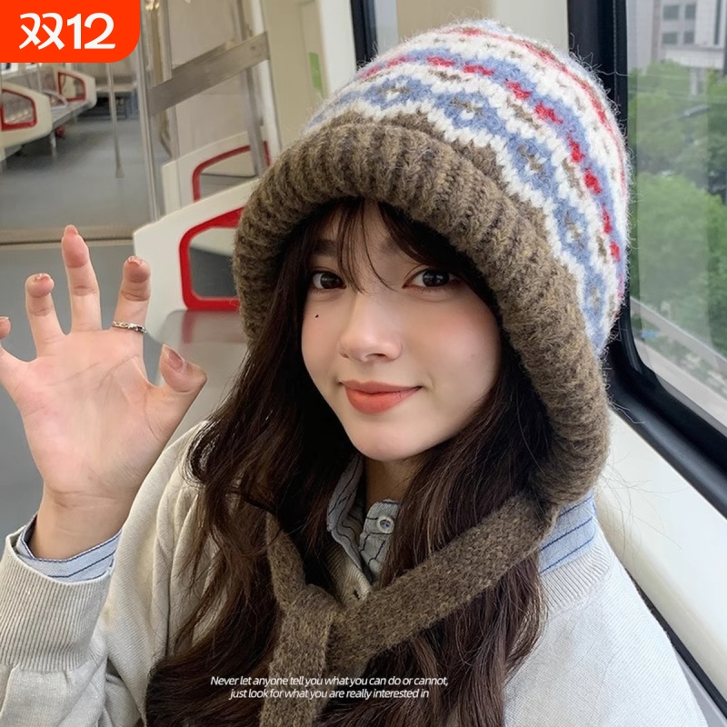 费尔岛风针织帽女冬季保暖巴拉克拉法秋冬帽子冬天堆堆毛绒毛线帽