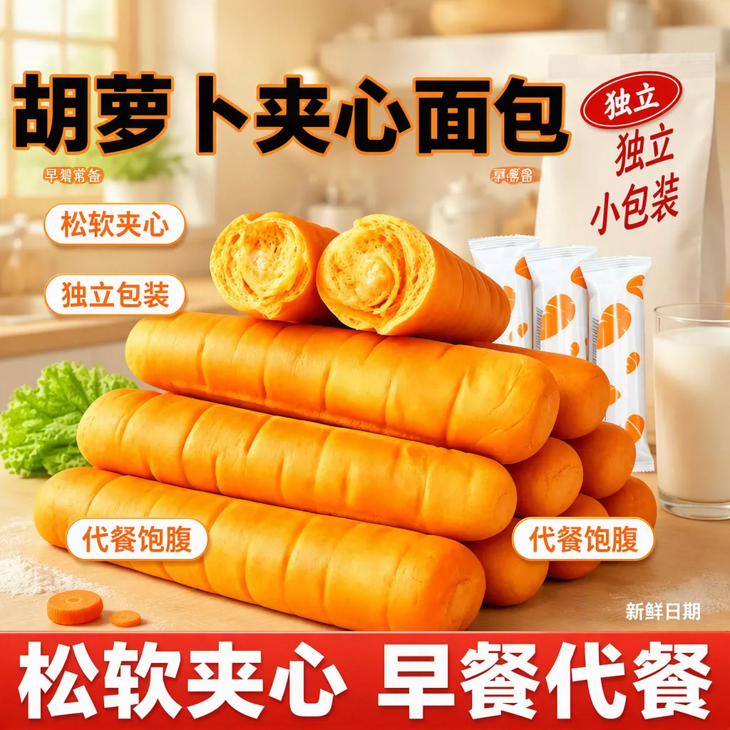 蓝莓胡萝卜面包夹心原浆手撕酸奶夹心糕点儿童零食早餐健康营养