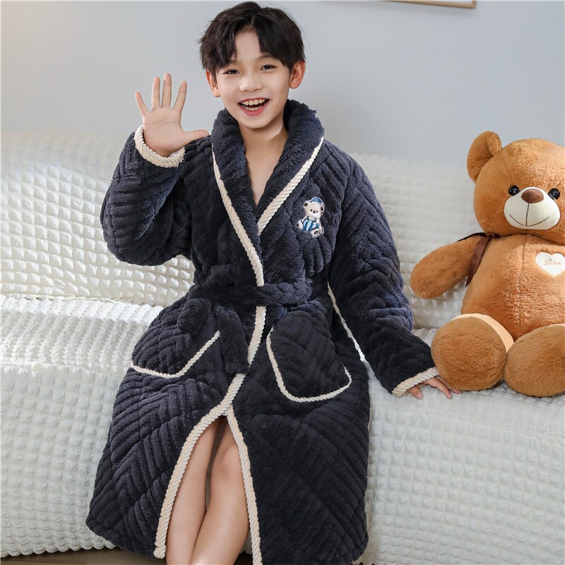 儿童睡衣男童冬季三层夹棉加绒加厚珊瑚绒男孩大童冬款睡袍家居服