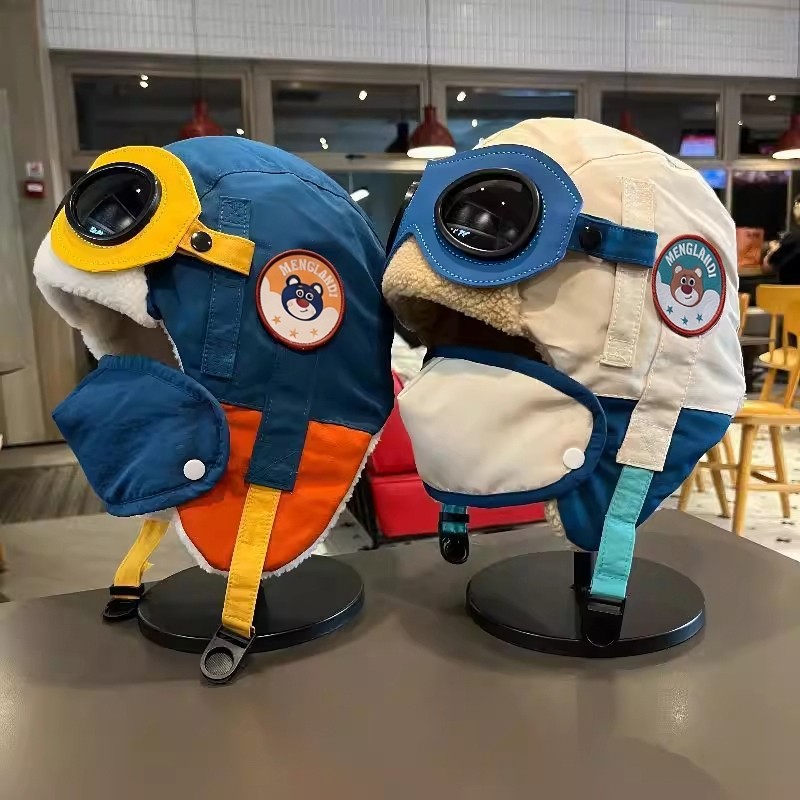 中大童可爱恐龙飞行员眼镜雷锋帽子女秋冬亲子男童加绒保暖护耳帽