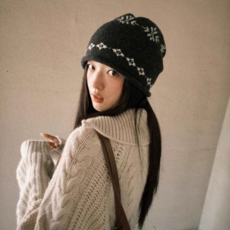 费尔岛提花卷边针织冷帽女秋冬季保暖时尚百搭显脸小毛线堆堆帽子