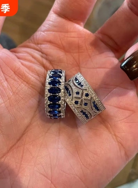 蓝色闪钻椭圆排钻戒指女新款叠戴中古风vintage素圈镂空宽版指环