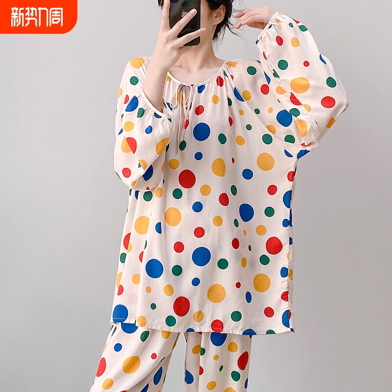 棉绸睡衣女春秋季ins风彩色波点宽松七分袖长裤人造棉家居服套装