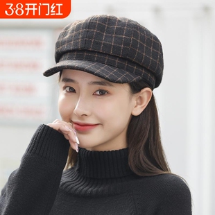 贝蕾帽女秋冬2024帽子八角帽画家大脸英伦韩版软顶短檐格子鸭舌帽