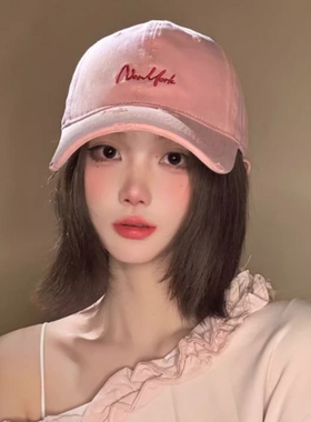 帽子女粉色鸭舌帽大头围宽帽檐刺绣棒球帽宽檐圆脸显脸小黑色户外