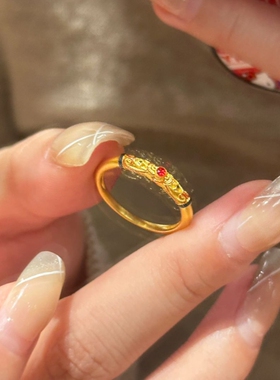 新中式古法精致复古金色珐琅花丝雕纹戒指女轻奢高级感可调节指环