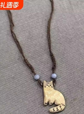 复古米灰色小猫项链2025新款秋冬小众设计毛衣链棕色手编绳锁骨链