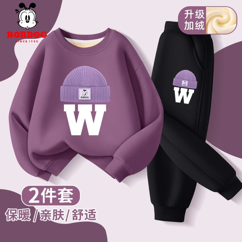 巴布豆女童加绒套装秋冬2025新款儿童加厚百搭卫衣中大童运动卫裤