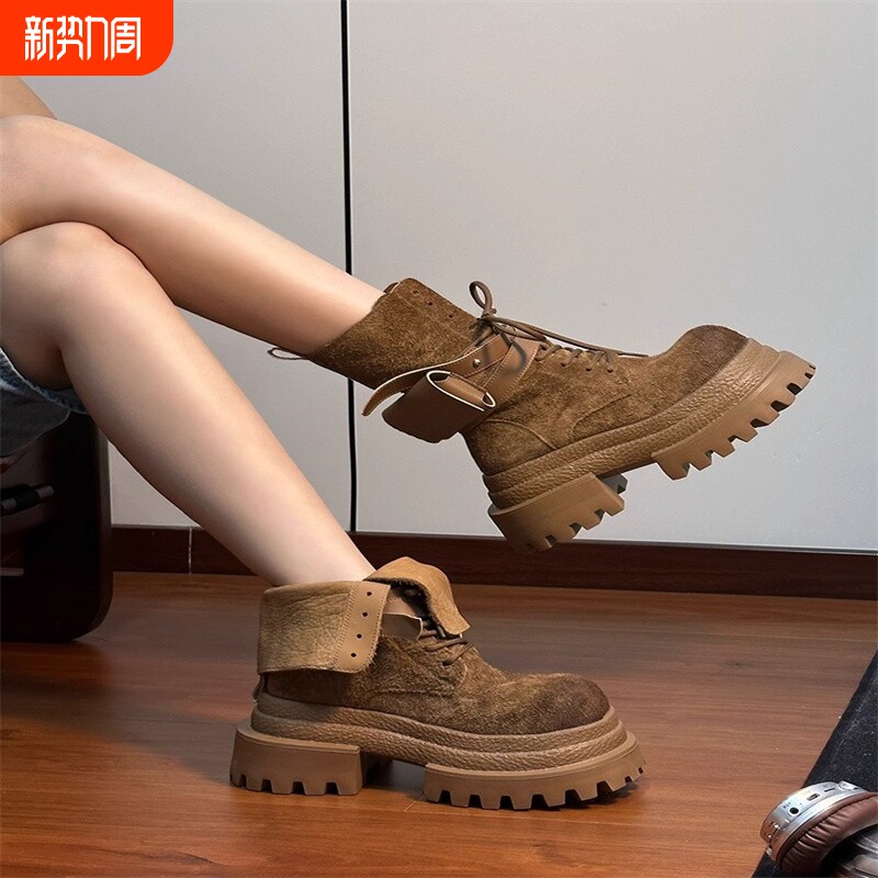 蔻孜磨砂真皮马丁靴女鞋2025秋冬新款加绒加厚机车靴大黄靴高跟