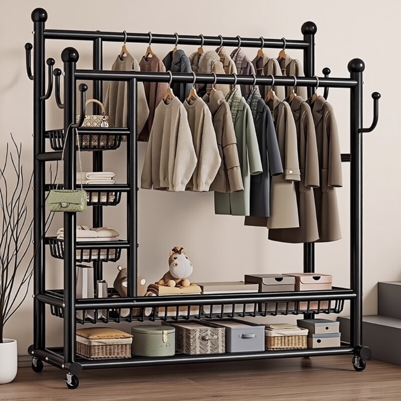 衣帽架晾衣架卧室落地挂衣架室内房间侧网置物架阳台结实双层双杆