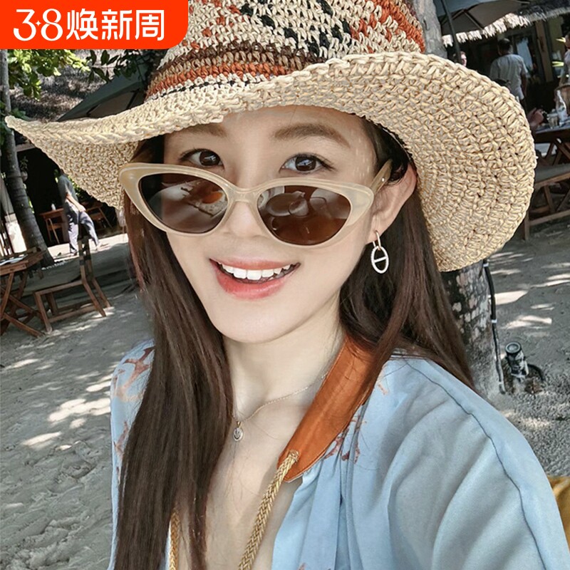 法式赫本风手工钩针拼色大檐草帽女夏季沙滩度假遮阳巴拿马礼帽