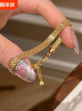 钛钢不掉色!vintager中古编织金色表带手链女新复古轻奢高级手饰
