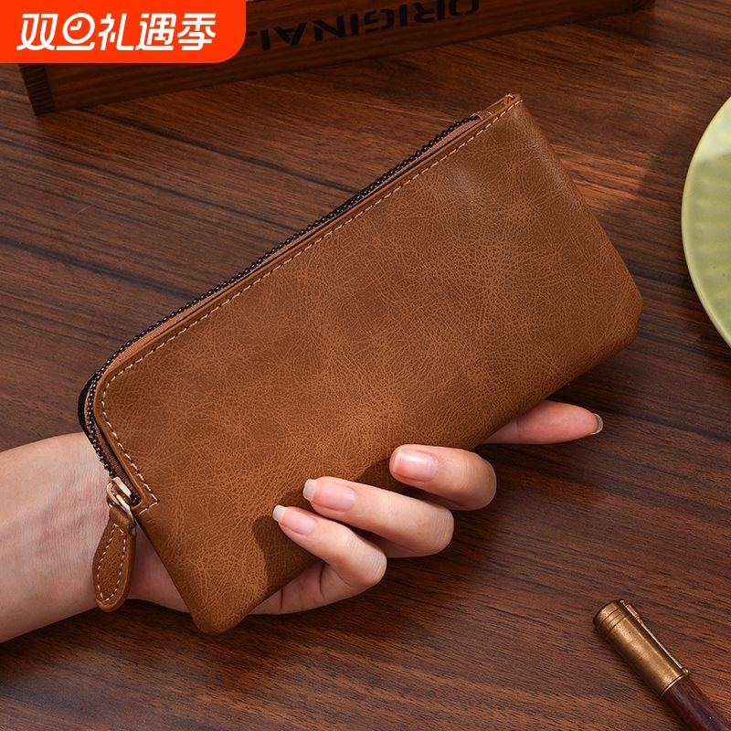 真皮质感纯色手包软皮手拿包复古长款钱包休闲手机包简约潮流小包