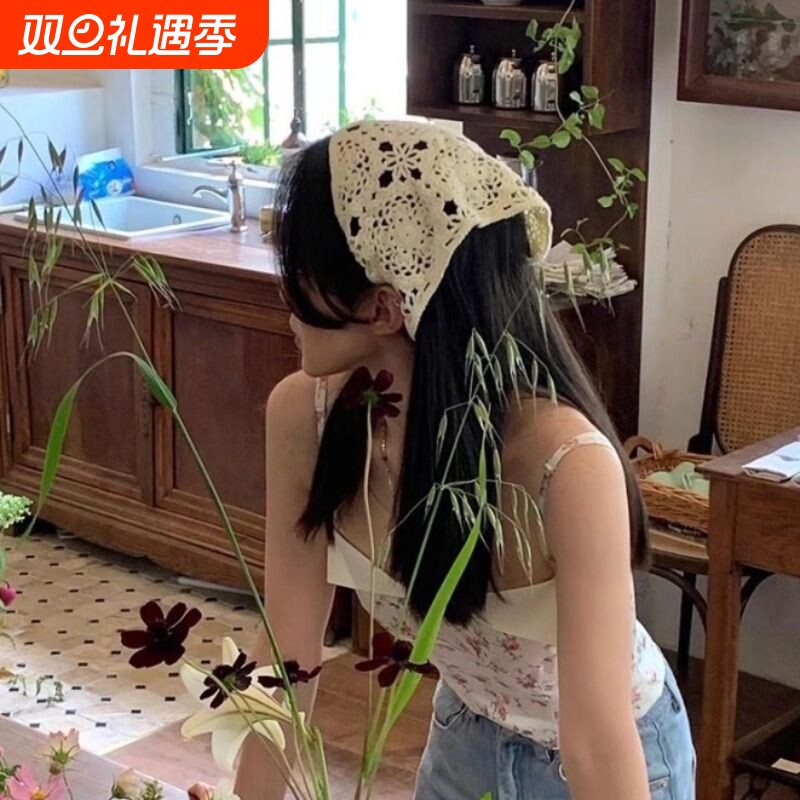 头巾三角巾针织女田园风2025新款法式头饰网红同款包头钩花发带