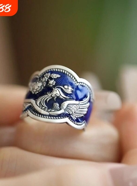 中古风珐琅蓝凤仪戒指