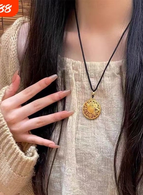 越南沙金八宝罗盘项链男女款古法传承吊坠黄金色编绳福牌毛衣链