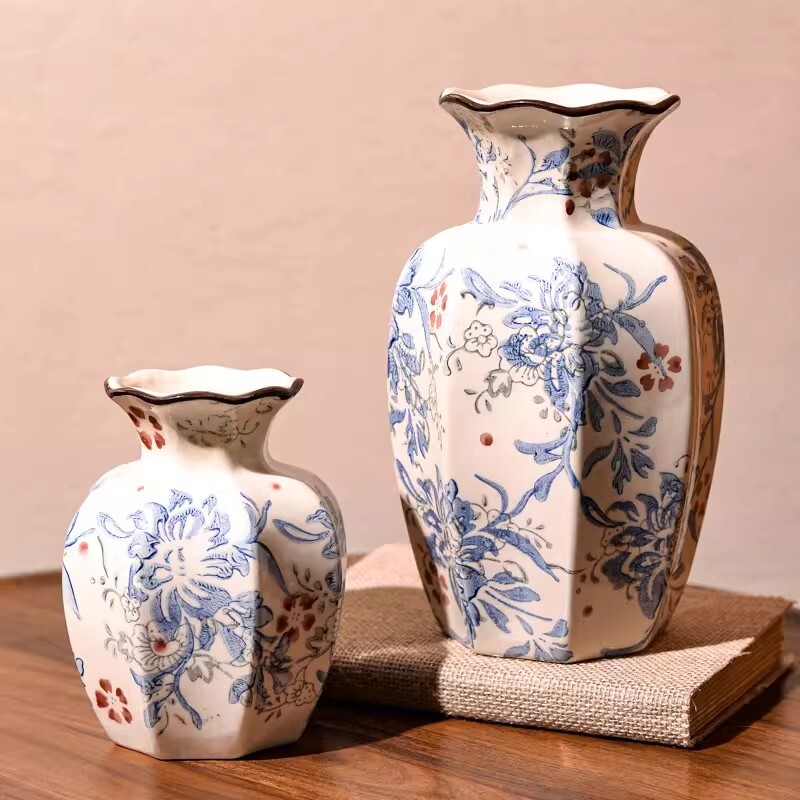 新中式芍药青花花瓶轻奢高级感陶瓷鲜花摆件客厅插花复古水培器皿