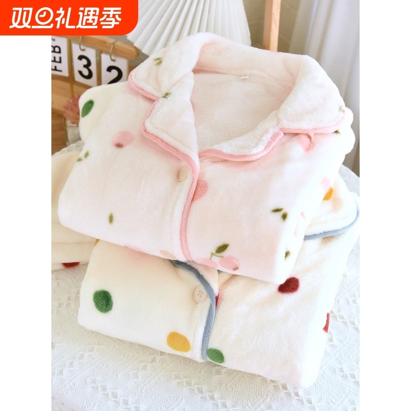 红豆珊瑚绒睡衣女冬季加绒加厚保暖2025新款口袋冬天长袖法兰绒家