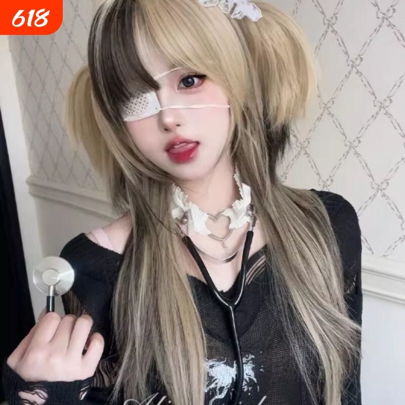 AG假发女长发网红『芥末鱼丸』辣妹亚裔风jk挑染抓夹长直发全头套