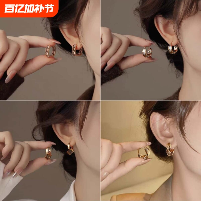 轻奢高级感咖色满钻方形耳扣女复古港风耳环时尚气质百搭超闪耳饰