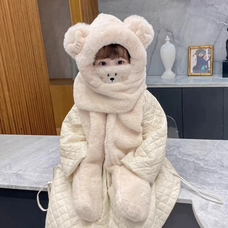 儿童帽子秋冬季保暖围巾一体帽男女童口罩手套毛绒帽加绒时尚洋气