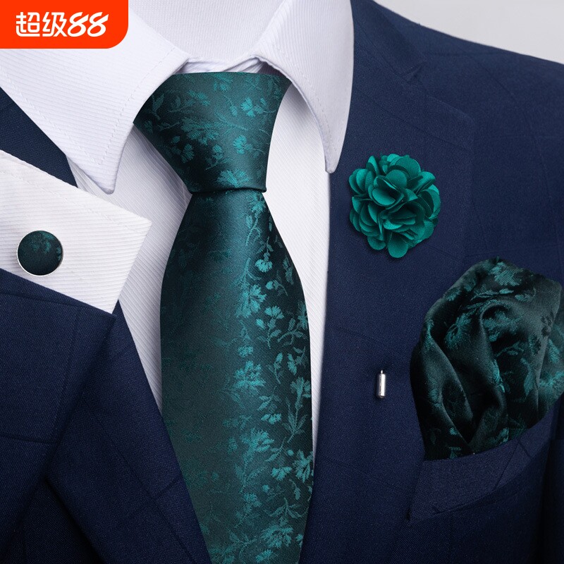 批发现货棕色佩斯利男士领带方巾袖扣胸花套装商务正装配饰