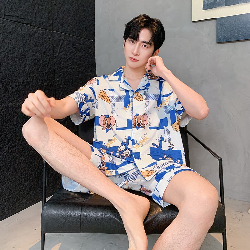 夏季新款男士冰丝薄款短袖短裤开衫睡衣套装可外穿舒适卡通家居服