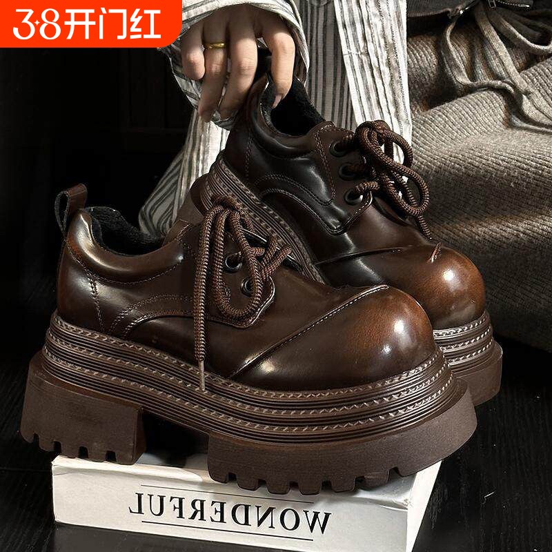 欧货真皮厚底小皮鞋女英伦风圆头加绒德比鞋小个子增高乐福鞋单鞋