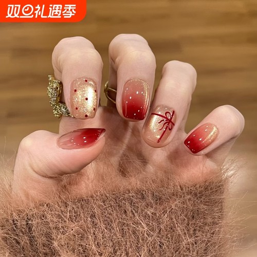圣诞穿戴甲猫眼蝴蝶结高级ins学生美甲贴片红色中长款法式椭圆