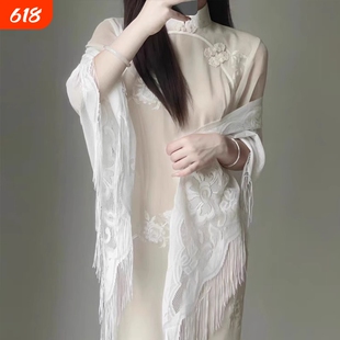 新中式中国风高级感蕾丝旗袍披肩防晒衣外搭女薄流苏开衫外套