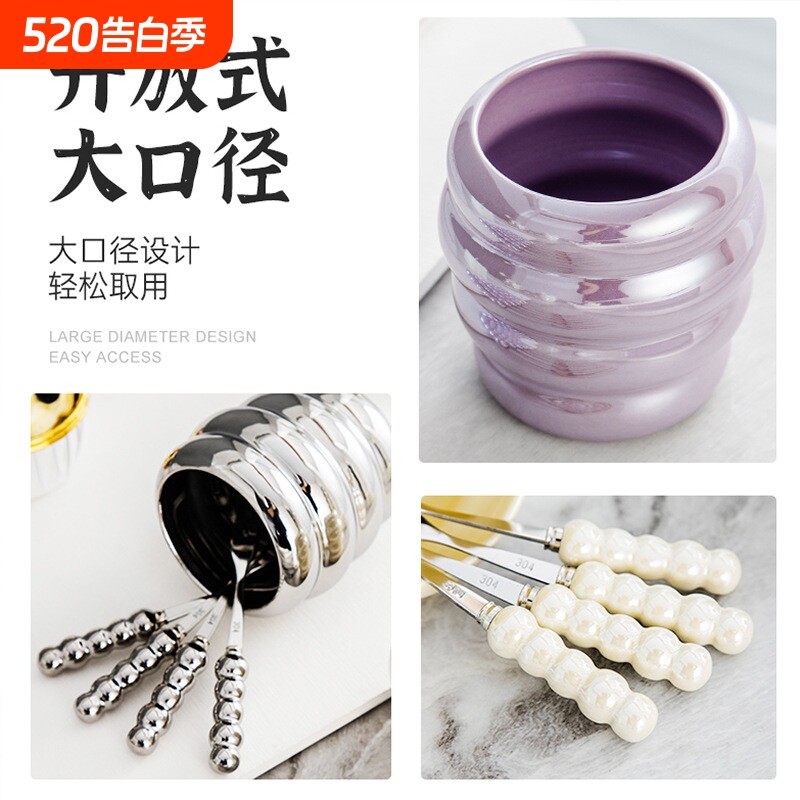 高颜值韩式独立包装陶瓷罐不锈钢叉子 网红创意七件套水果叉套装