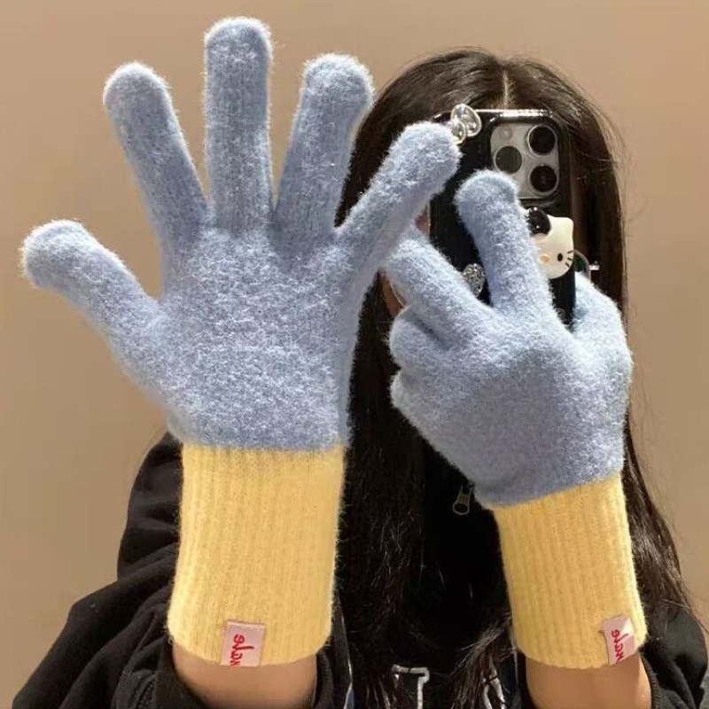 含羊毛撞色针织手套女2024年秋冬季加厚加绒保暖防寒可触屏骑行潮