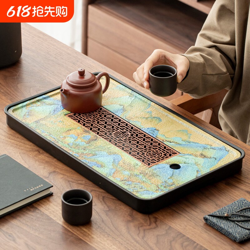 中式现代干泡新款茶道器具仿乌金石茶具天然茶台轻奢排水茶盘储水
