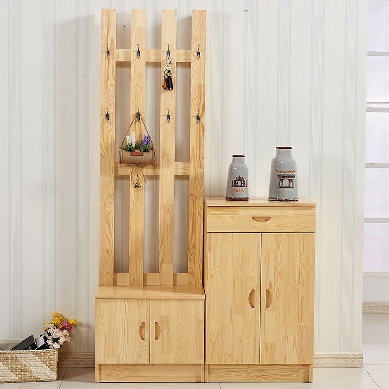 a实木带衣架鞋柜原木色简约现代松木换鞋凳对开门大容量门厅柜包