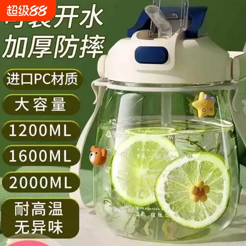 大肚肚水杯耐高温食品级成人儿童女生高颜值2000ml大容量水杯