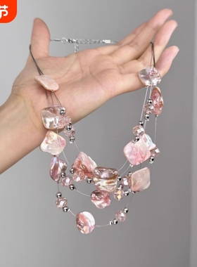 夸张碎石多层2025年项链女小众独特粉色不规则锁骨链叠戴新款法式
