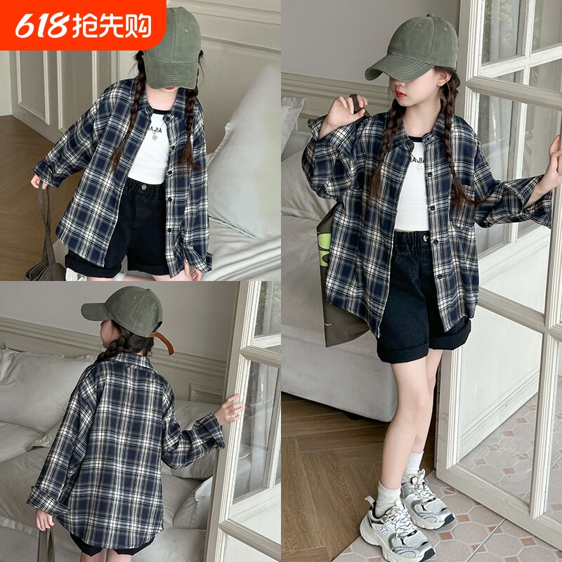 女童衬衫格子长袖2025秋季新款中大童洋气时髦薄款衬衣外套上衣潮