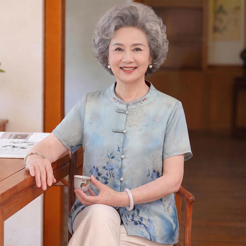中老年人夏装女短袖衬衫奶奶洋气老人妈妈夏季老太太衬衣上衣薄款